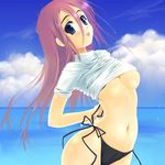  arched_back bikini black_bikini_bottom blue_eyes blush breasts cloud copyright_request day large_breasts long_hair midriff navel ocean open_mouth outdoors pink_hair shirt shirt_lift side-tie_bikini sky solo swimsuit touto_seiro underboob white_shirt 