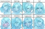  1girl angry blue_hair blue_sclera blue_skin blush commentary embarrassed english_commentary expressionless expressions eyelashes face forehead full-face_blush ghost highres lichy_(nat_the_lich) lips medium_hair nat_the_lich no_pupils nose original sad smile solo 