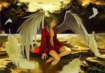  angel angel_wings barefoot bottomless bowed_wings cloud feathers fukukitaru green_hair long_hair navel no_panties open_clothes open_shirt original pointy_ears scenery shirt sitting soaking_feet solo sunset water wings 