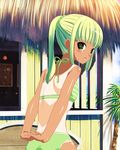  arms_behind_back bikini child day flat_chest from_behind green_bikini green_hair looking_at_viewer okina_ika one-piece_tan original outdoors parted_lips ponytail shiny shiny_skin solo striped striped_bikini swimsuit tan tanline thatched_roof 