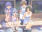  akinbo_(hyouka_fuyou) apron awesome_face blue_hair bottomless breasts brown_eyes brown_hair cat cleavage closed_eyes copyright_request feet long_hair maid medium_breasts multiple_girls naked_apron no_panties sandals short_hair sitting small_breasts 
