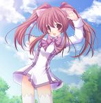  :d aloe_(quiz_magic_academy) animal_ears bow bowtie brown_eyes brown_hair cat_ears cloud cloudy_sky day dress hinata_momo long_hair no_panties non-web_source open_mouth quiz_magic_academy school_uniform sky smile solo thighhighs tree twintails waving white_dress zettai_ryouiki 