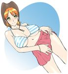  1girl bangs bikini bikini_top blush bracelet breasts cleavage cowboy_hat dutch_angle erect_nipples female green_eyes hat huge_breasts jewelry jewlery midriff nami nami_(one_piece) naughty_face navel one_piece orange_hair parted_bangs pleated_skirt shin_nihon_pepsitou short_hair skirt skirt_lift smile solo st.germain-sal striped striped_bikini striped_swimsuit swimsuit underboob 