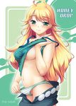  ahoge areolae blonde_hair blush breasts green_eyes hoshii_miki idolmaster idolmaster_(classic) idolmaster_1 kirin_kakeru large_breasts long_hair navel panties panty_pull shirt_lift solo striped striped_panties underwear 