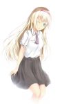  1girl :3 arms_at_sides asobi_asobase belt blonde_hair blue_eyes blush breasts brown_skirt closed_mouth collared_shirt eyebrows_visible_through_hair hairband long_hair looking_at_viewer muwa12 olivia_(asobi_asobase) one_eye_closed shirt short_sleeves simple_background skirt small_breasts smile solo white_background white_shirt 