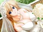  bin_can_darling blonde_hair blue_eyes bouquet breasts bridal_veil bride chiba_chinatsu cleavage day dress flower from_above game_cg gloves jewelry large_breasts looking_up necklace outdoors solo tachibana_kozue veil wedding_dress 