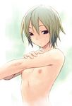  androgynous bathing copyright_request flat_chest green_hair jiyu2 nipples nude short_hair showering solo wet 