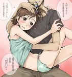  1girl bad_id bad_pixiv_id blush bow bow_panties brown_eyes brown_hair camisole futami_mami green_panties hair_bobbles hair_ornament hand_under_clothes hand_under_shirt heart idolmaster idolmaster_(classic) idolmaster_1 panties producer_(idolmaster) shirt short_hair sitting sitting_on_lap sitting_on_person tamaoki_benkyou translated underwear 