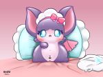  anthro anus bed blush censored cocotama female hat_only hi_res himitsu_no_cocotama looking_at_viewer mammal mostly_nude navel nyupu patarina pillow pussy semi-anthro signature solo sweat 