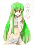  bad_id bad_pixiv_id bangs bare_shoulders c.c. cameltoe code_geass counting green_hair long_hair midriff navel orange_eyes shorts sleeveless sleeveless_turtleneck solo turtleneck yellow_eyes yukimitsuki 