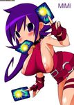  blush breasts duel_masters earrings finger_gloves fingerless_gloves gloves jewelry large_breasts mouth_hold purple_eyes purple_hair simple_background tasogare_mimi 