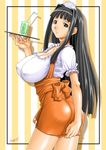  anna_miller aoyama_motoko apron artist_name black_eyes black_hair breasts cleavage covered_nipples cowboy_shot drink drop_shadow gegera headdress holding holding_tray huge_breasts long_hair love_hina melon_soda non-web_source orange_skirt parted_lips short_sleeves skirt skirt_tug solo striped striped_background sweatdrop tray twisted_torso underbust vertical-striped_background vertical_stripes waitress 