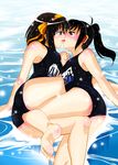  ass barefoot black_hair black_school_swimsuit genderswap genderswap_(mtf) kiss kyonko lying multiple_girls one-piece_swimsuit school_swimsuit sentape suzumiya_haruhi suzumiya_haruhi_no_yuuutsu swimsuit yuri 