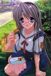  absurdres blue_eyes clannad dappled_sunlight glasses hairband highres hikarizaka_private_high_school_uniform ikeda_kazumi long_hair megami non-web_source obentou sakagami_tomoyo school_uniform serafuku silver_hair solo sunlight very_long_hair 