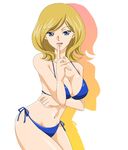  1girl bare_shoulders blonde_hair breasts cleavage code_geass female grey_eyes large_breasts long_hair midriff milly_ashford open_mouth smile solo swimsuit 