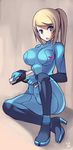  blonde_hair blue_eyes bodysuit breasts corn_syrup gun high_heels highres large_breasts metroid ponytail samus_aran shiny shiny_clothes shoes skin_tight solo weapon zero_suit 