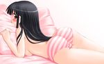  ass bed black_hair blush breasts hase_yu highres long_hair makino_nanami medium_breasts nipples panties red_eyes solo striped striped_panties suigetsu topless underwear wallpaper widescreen 