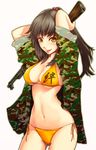  :p arms_behind_head arms_up ass_visible_through_thighs bikini breasts brown_hair camouflage camouflage_jacket cleavage face gun hair_bobbles hair_ornament long_hair looking_at_viewer lowres medium_breasts navel open_clothes open_shirt orange_bikini original ponytail shirt side-tie_bikini simple_background sleeves_rolled_up solo swimsuit tokunou_shoutarou tongue tongue_out underboob weapon white_background yellow_eyes 