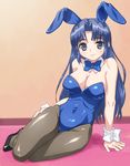  animal_ears arm_support asakura_ryouko blue_eyes blue_hair breasts bunny_ears bunny_girl bunnysuit cleavage hirose_(mokiki) large_breasts long_hair pantyhose sitting smile solo suzumiya_haruhi_no_yuuutsu 