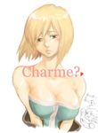  bare_shoulders blonde_hair blush breasts brown_eyes cleavage final_fantasy final_fantasy_tactics heart large_breasts monk_(fft) oppai_oppai ryu_(gojitann) short_hair solo 