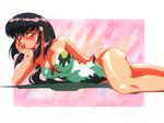 90s artist_request blush breasts chin_rest large_breasts long_hair lying masaki_aeka_jurai on_side one-piece_swimsuit pink_background purple_hair red_eyes solo swimsuit tenchi_muyou! 