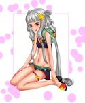  bikini code_geass grey_hair hair_tubes long_hair midriff nail_polish navel open_mouth purple_nails rokuichi sandals sitting solo swimsuit tianzi toenail_polish very_long_hair wariza 