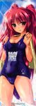  :p blush breasts brown_eyes cleavage highres kneeling komatsu_eiji kousaka_tamaki large_breasts long_hair long_image one-piece_swimsuit red_hair school_swimsuit solo stick_poster swimsuit tall_image to_heart_2 to_heart_2_ad tongue tongue_out towel very_long_hair wet 