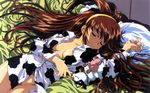  animal_print battle_athletes brown_hair cow_print duplicate highres kanzaki_akari kawarajima_kou long_hair sleeping solo wallpaper widescreen 