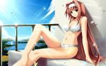  barefoot bra breasts brown_hair cleavage feet green_eyes hairband highres hiiragi_natsuki hinatabokko lingerie long_hair medium_breasts panties pink_hair sitting solo stomach tenmaso underwear underwear_only very_long_hair wallpaper wind 