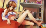  barefoot breasts copyright_request headphones highres large_breasts minamino_kanata orange_hair solo underboob wallpaper widescreen 