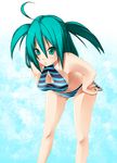  adjusting_clothes adjusting_swimsuit ahoge alternate_hairstyle aoinagi aqua_eyes aqua_hair bangs bent_over bikini blue_background blue_bikini blush breasts cleavage cleavage_cutout eyebrows_visible_through_hair feet_out_of_frame hair_between_eyes hatsune_miku long_hair medium_breasts nail_polish solo standing striped striped_bikini swimsuit two_side_up vocaloid 