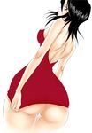 ass back backless_dress backless_outfit bad_proportions bare_back bare_shoulders black_hair bleach blue_eyes breasts covered_nipples dress dunga from_behind huge_ass kuchiki_rukia looking_back medium_breasts no_panties short_dress short_hair simple_background skirt skirt_pull solo standing wide_hips 