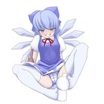  bad_id bad_pixiv_id blue_eyes blue_hair blue_panties blush bow cameltoe cirno drunk feet grin hair_bow highres implied_footjob naughty_face panties pantyshot ribbon seductive_smile sexually_suggestive shishigami_(sunagimo) short_hair smile solo striped striped_panties thighhighs touhou underwear wings 