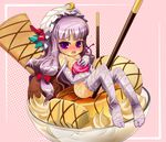  blush bow cherry cream cup dessert elbow_gloves feet food fruit gloves hair_bow hair_ribbon hat in_container in_cup in_food long_hair minigirl noya_makoto nude patchouli_knowledge pocky purple_eyes purple_hair ribbon solo thighhighs touhou wafer whipped_cream 
