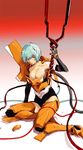  armor ayanami_rei blue_hair breasts brown_eyes cable eva_00 lance_of_longinus large_breasts miyashita_hiroki neon_genesis_evangelion personification polearm smile solo spear weapon 