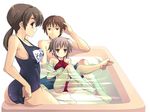  2girls adjusting_clothes adjusting_swimsuit ass barefoot bath bathtub bikini black_school_swimsuit brown_eyes brown_hair feet kyon mori_sonou multiple_girls nagato_yuki one-piece_swimsuit school_swimsuit suzumiya_haruhi_no_yuuutsu swimsuit twisted_torso yuuji 