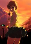  ass bike_shorts brown_eyes brown_hair cloud food from_behind kebab lamppost leaning_forward looking_at_viewer looking_back meat pantylines parted_lips persona persona_4 power_lines satonaka_chie short_hair shorts shorts_under_skirt skirt skirt_lift sky solo sunset sweat tasaka_shinnosuke telephone_pole traffic_light transformer twilight wind wind_lift wristband 