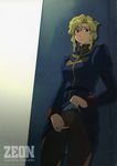  artist_request blonde_hair blue_eyes clothed_masturbation crotch_seam fingering gundam gundam_lost_war_chronicles highres jane_conty lipstick makeup masturbation military military_uniform panties panties_under_pantyhose pantyhose skirt skirt_lift solo underwear uniform 