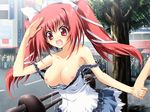  breasts city cleavage dress endou_ifrina fang figu@mate game_cg hair_ribbon holding_hands large_breasts long_hair mitsuki_mantarou nipples open_mouth pink_hair red_eyes ribbon solo_focus twintails wardrobe_malfunction 