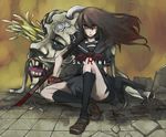  blood brown_hair long_hair monster original red_eyes school_uniform socks solo tansuke 