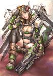  armor blue_eyes boots breasts brown_hair cleavage gun highres kuratch large_breasts mecha original power_armor rifle solo thighhighs weapon wings 
