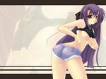  1600x1200 breasts highres lyrical_nanoha mahou_shoujo_lyrical_nanoha purple_hair shorts underboob wallpaper 