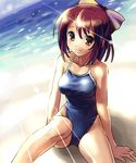  beach bow brown_eyes brown_hair competition_school_swimsuit day highleg highleg_swimsuit katahira_masashi light_rays one-piece_swimsuit original ribbon school_swimsuit sitting solo sunbeam sunlight swimsuit 