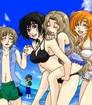  3girls artist_request bikini code_geass day genderswap genderswap_(mtf) lelouch_lamperouge lowres luluko multiple_boys multiple_girls nunnally_lamperouge oekaki rolo_lamperouge shirley_fenette striped striped_bikini swimsuit 