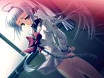  bdsm blue_eyes bondage bottomless bound chain classroom collar cuffs game_cg handcuffs indoors katagiri_hinata leash long_hair school_uniform silver_hair solo tears twintails yuuhi_no_mukougawa 