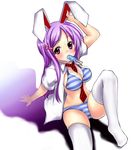  animal_ears blue_panties breasts bunny_ears cleavage food hair_ornament hairclip hairpin large_breasts lingerie long_hair open_clothes open_shirt panties pink_eyes popsicle purple_hair reisen_udongein_inaba shirt solo striped striped_panties thighhighs touhou tsujigiri underwear 