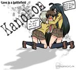  1boy 2girls blush ezomori_nozomu hug kanokon minamoto_chizuru multiple_girls nosebleed 