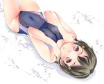  bad_id bad_pixiv_id blush breast_press breasts brown_hair hair_ornament hairclip kazuha_nanako large_breasts lying one-piece_swimsuit original red_eyes short_hair single_vertical_stripe solo swimsuit 