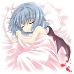  bad_id bad_pixiv_id bat_wings bed blood blue_hair drooling naked_sheet niji_(nijioki) pillow remilia_scarlet saliva short_hair sleeping solo touhou wings 