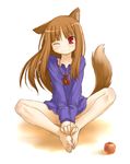  animal_ears apple barefoot bottomless brown_hair butterfly_sitting feet flat_chest food fruit hands_on_feet holo jewelry kasuga_yukihito long_hair necklace one_eye_closed red_eyes sitting sketch solo spice_and_wolf tail wolf_ears 